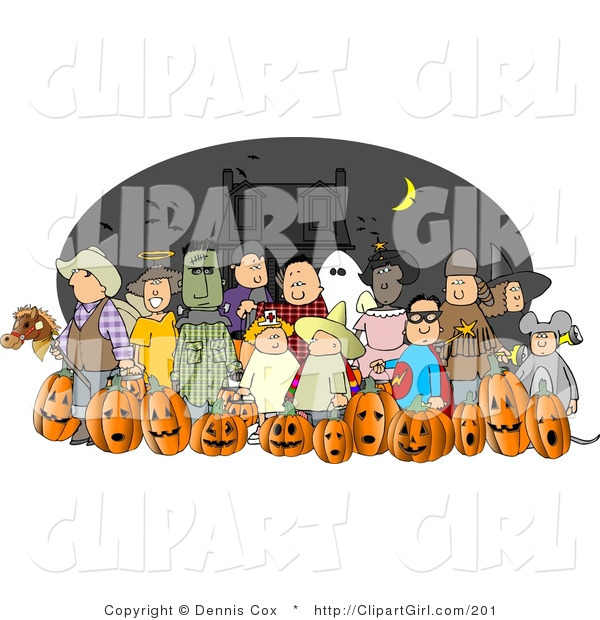 Clip Art of Halloween Trick-or-Treaters Wearing Costumes and Standing Together As a Group on Halloween