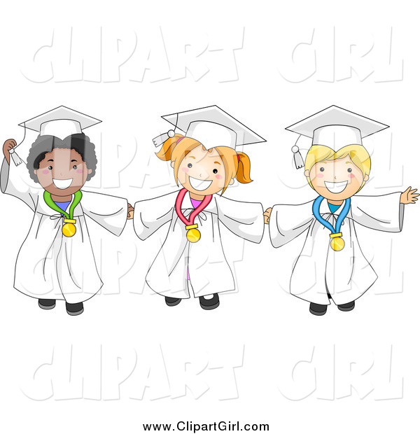 Clip Art of Happy Diverse Graduate Kids Holding Hands and Wearing Medals