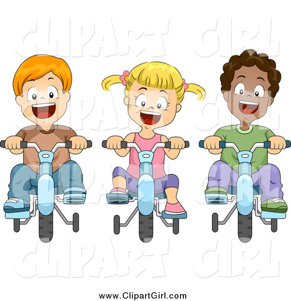 Clip Art of Happy Diverse Kids Riding Bikes with Training Wheels