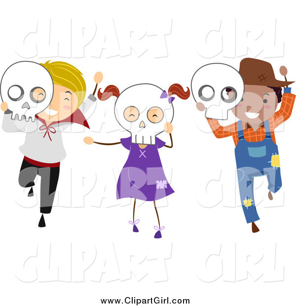 Clip Art of Happy Halloween Kids with Skull Masks