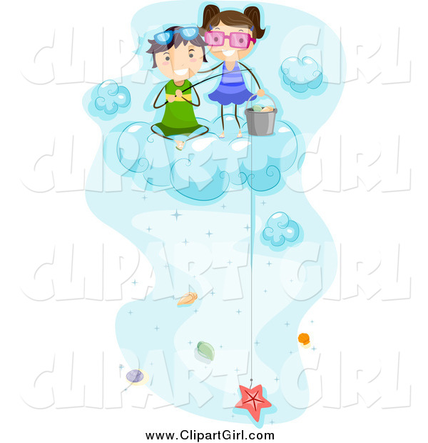 Clip Art of Happy Kids Fishing for Sea Shells on a Cloud
