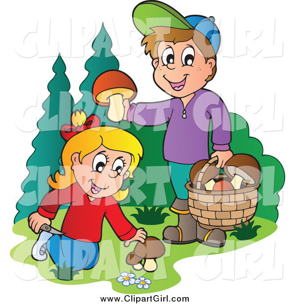 Clip Art of Happy Kids Picking Mushrooms