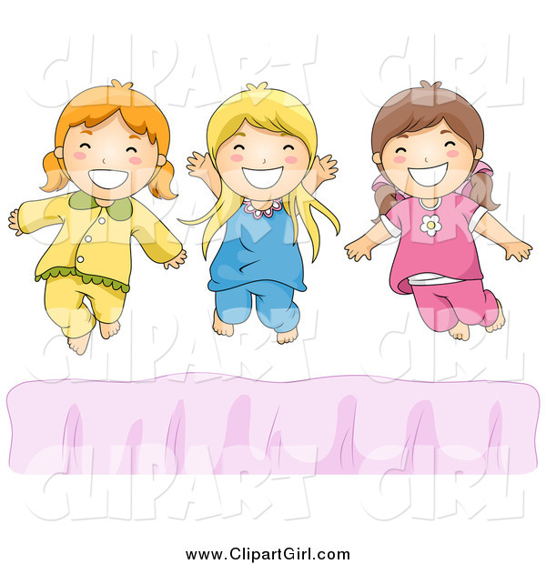 Clip Art of Happy White Girls Jumping on a Bed