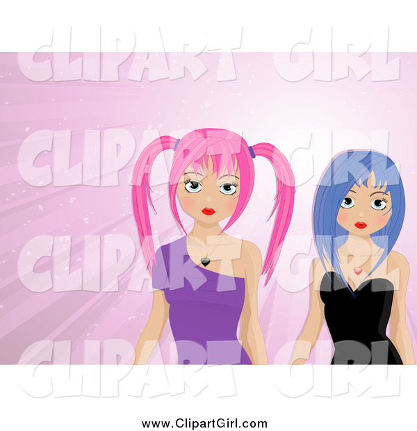 Clip Art of Manga Girls in Purple and Black Dresses, over a Pink Background