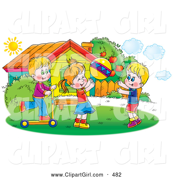 Clip Art of Smiling Children Tossing a Ball and Riding a Scooter Outside on a Sunny Day