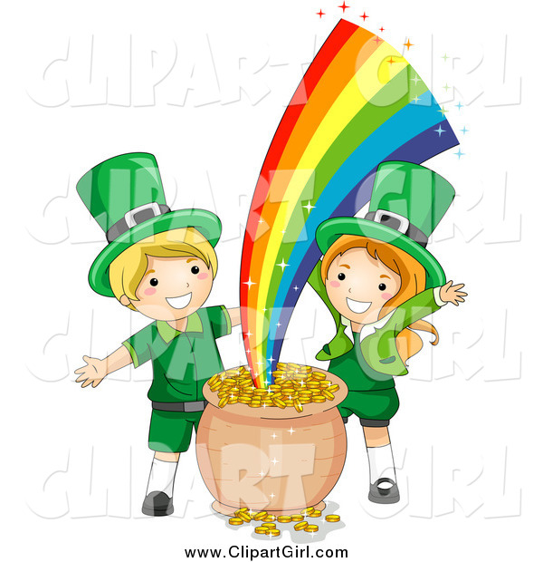 Clip Art of St Patricks Day Leprechaun Kids with Gold at the End of the Rainbow
