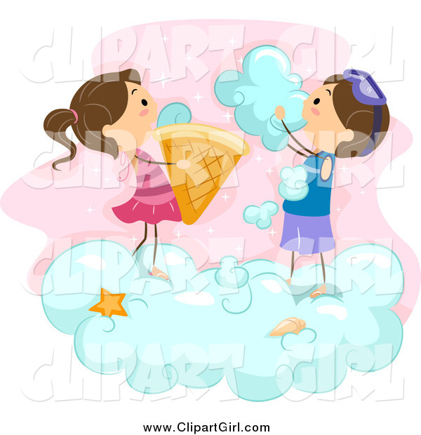 Clip Art of Stick Kids Making Ice Cream Cones from Clouds