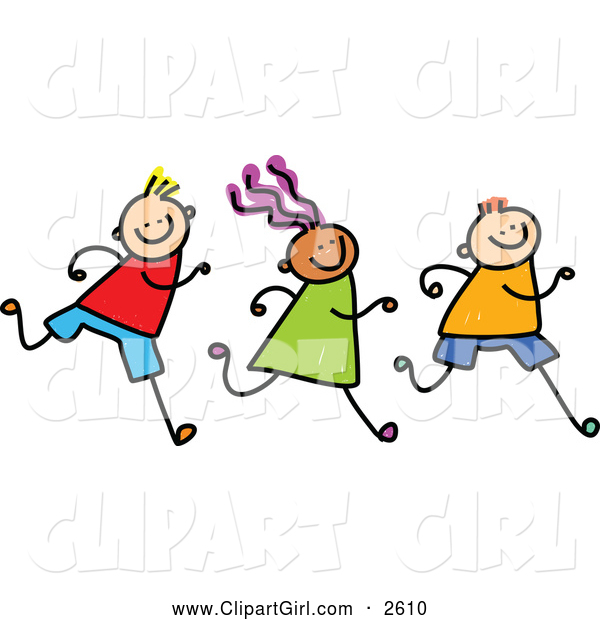 Clip Art of Three Doodled Kids Running