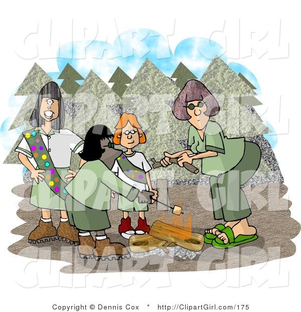 Clip Art of Three Girl Scouts and Their Troop Leader Standing Beside a Campfire in the Forest