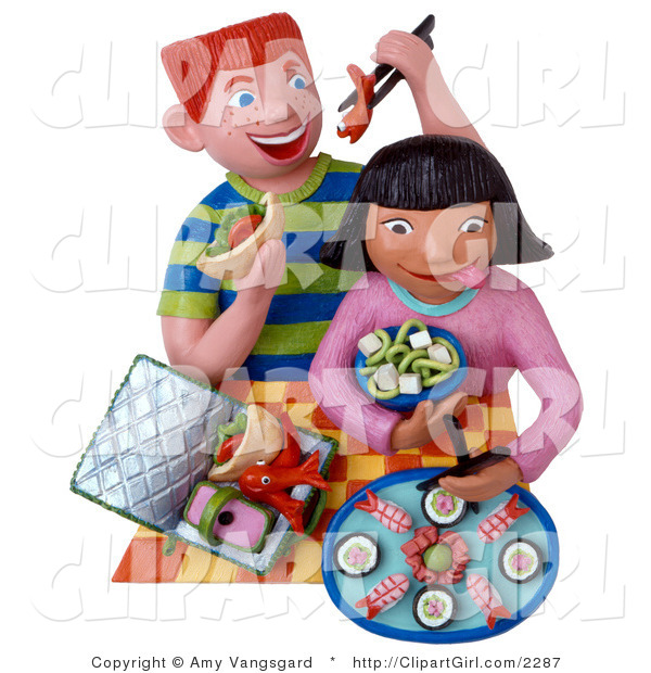 Clip Art of Two 3d Kids Eating Sushi for Lunch