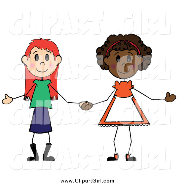 Clip Art of Two Diverse Girls Holding Hands