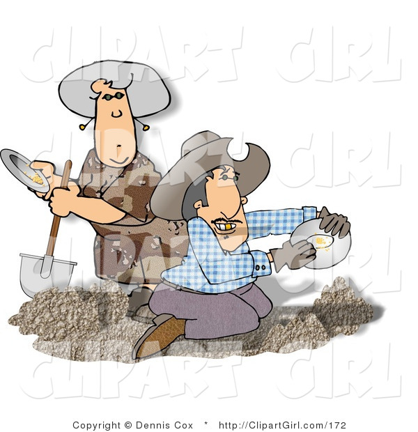 Clip Art of Two Gold Miners Panning for Gold
