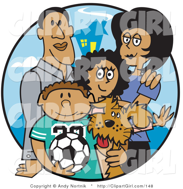 Clip Art of Two Hispanic Parents Standing with Their Son, Daughter and the Family Dog