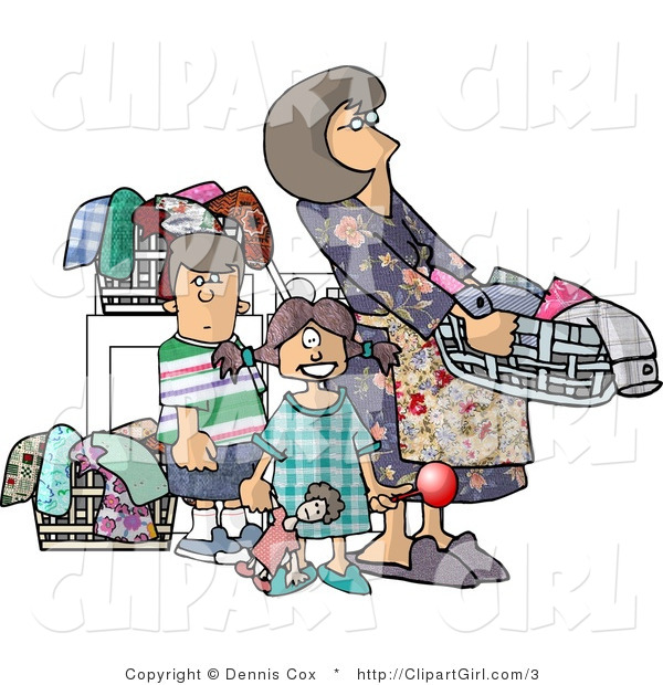 Royalty Free Clip Art of a Housewife Doing Laundry with Her Kids