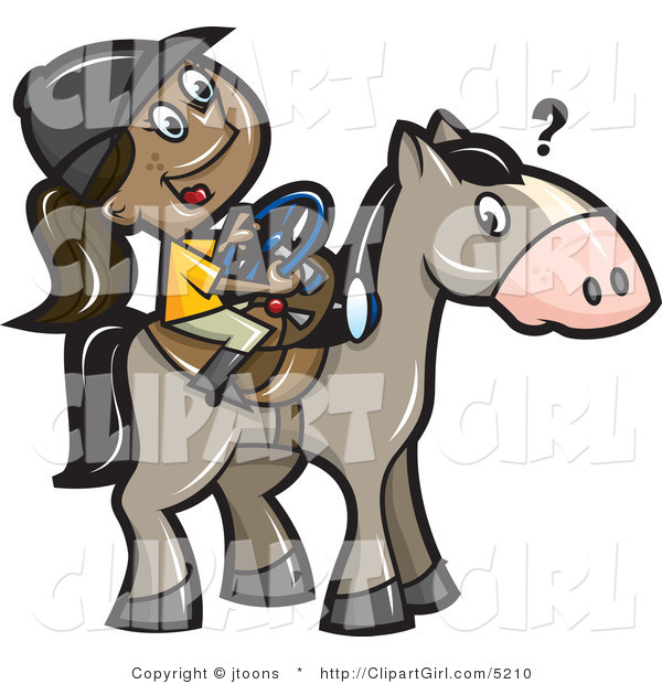 Vector Clip Art of a Happy Girl Trying to Steer a Horse - Royalty Free