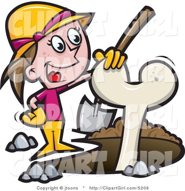 Vector Clip Art of an Archaeologist Girl Digging up a Bone - Royalty Free