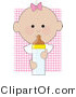 Clip Art of a Baby Girl with a Pink Bow on the Top of Her Head, Holding a Baby Bottle on a Pink Background by Maria Bell