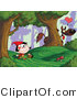 Clip Art of a Big Bad Wolf Watching Little Red Riding Hood Walking Along from Behind a Tree in a Forest by Hit Toon