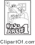 Clip Art of a Black and White Outline of a Friendly Female Nurse Bending over a Sick Girl in a Hospital Bed, Handing Her a Balloon by Andy Nortnik