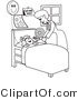 Clip Art of a Black and White Outline of a Friendly Registered Nurse Bending over a Sick Girl in a Hospital Bed, Handing Her a Balloon by Andy Nortnik