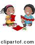 Clip Art of a Black Boy and Girl Cutting Paper Hearts by BNP Design Studio