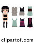 Clip Art of a Black Haired Caucasian Female Paper Doll Wearing Black Undergarments, with a Brown Coat and Dress and Green, Pink and Black Dresses by Melisende Vector