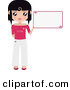 Clip Art of a Black Haired Girl Dressed in White and Pink, Holding up a Blank Sign with Hearts on It by Melisende Vector