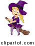 Clip Art of a Blond White Halloween Girl Witch on a Broomstick by BNP Design Studio