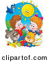 Clip Art of a Bright Sun Shining down on a Bird, Dog, Cat, Toys and a Boy and Girl by Alex Bannykh