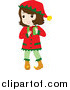 Clip Art of a Brunette White Girl in a Christmas Elf Costume, Carrying a Gift by Rosie Piter