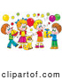 Clip Art of a Cat Surrounded by Children and Balloons at a Colorful Birthday Party by Alex Bannykh