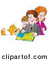Clip Art of a Cat Watching an Average Family of a Mother, Father and Son Writing in a Family Photo Album by Alex Bannykh