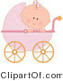 Clip Art of a Caucasian Baby Girl in a Pink Stroller Carriage, Looking over the Side on White by Maria Bell