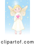 Clip Art of a Caucasian Cute, Innocent, Blond Femal Angel with a Halo, Holding a Pink Heart by Pushkin