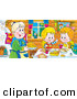 Clip Art of a Cheerful Boy and Girl at a Table, Eating Fresh Food Made by Grandma by Alex Bannykh