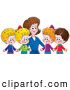 Clip Art of a Cheerful Mother or Teacher Standing Behind Four Children Holding Hands by Alex Bannykh