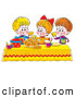 Clip Art of a Colorful Setting with a Girl and Two Boys Eating Bread and Bagels at a Picnic Table by Alex Bannykh