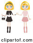Clip Art of a Couple of Blond Haired, Blue Eyed Caucasian Women, Twins, Dressed in Pink and Black and White, Standing Side by Side and Touching Hands by Melisende Vector