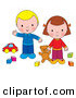 Clip Art of a Couple of Kids, a Boy and Girl Playing with a Teddy Bear, Blocks and a Car by Alex Bannykh
