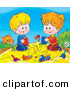 Clip Art of a Curious Ginger Cat Watching a Boy and Girl Making Sand Castles with Buckets in a Sand Box by Alex Bannykh