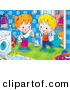 Clip Art of a Cute and Happy Boy and Girl Standing by a Washing Machine, a Cat Standing Behind a Doorway by Alex Bannykh