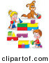 Clip Art of a Cute Boy and Girl, Brother and Sister, and Their Puppy, Playing with Blocks and a Ball by Alex Bannykh