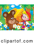 Clip Art of a Cute Brown Bear Chatting with Little Red Riding Hood in a Flower Bed near a House by Alex Bannykh