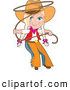 Clip Art of a Cute Cute Cowgirl in Chaps and a Hat, Swirling a Lasso, Her Blond Hair in Braids by Maria Bell