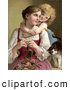 Clip Art of a Cute Little Blond Victorian Girl Hugging Her Mom from Behind As She Knits, a Cat Rubbing Against Her Arm by OldPixels