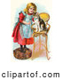 Clip Art of a Cute Little Blond Victorian Girl Trying to Train Her Cat to Listen to Her Commands, Teaching Kitty to Sit on a Stool by OldPixels