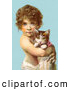 Clip Art of a Cute Little Curly Haired Victorian Child Holding a Kitten in Their Arms, over a Blue Background by OldPixels