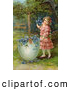 Clip Art of a Cute Little Victorian Girl Filling a Giant Broken Easter Egg with Forget Me Not Flowers by OldPixels