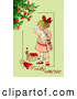 Clip Art of a Cute Little Victorian Girl Hugging Her White Cat and Standing by Toys near a Christmas Tree, on a Green Background with Greeting Text by OldPixels
