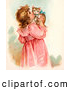 Clip Art of a Cute Little Victorian Girl in a Pink Dress, Holding up and Kissing Her Cute Kitten on the Cheek by OldPixels